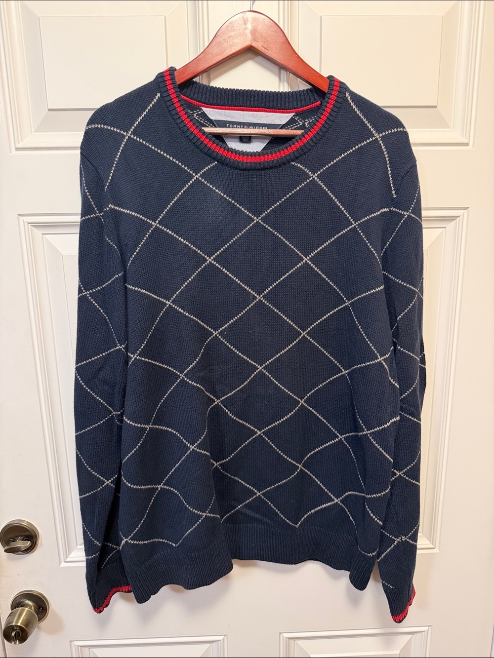 Tommy Hilfiger Navy Crewneck Sweater with Cream Diamond Stitch and Red Trim